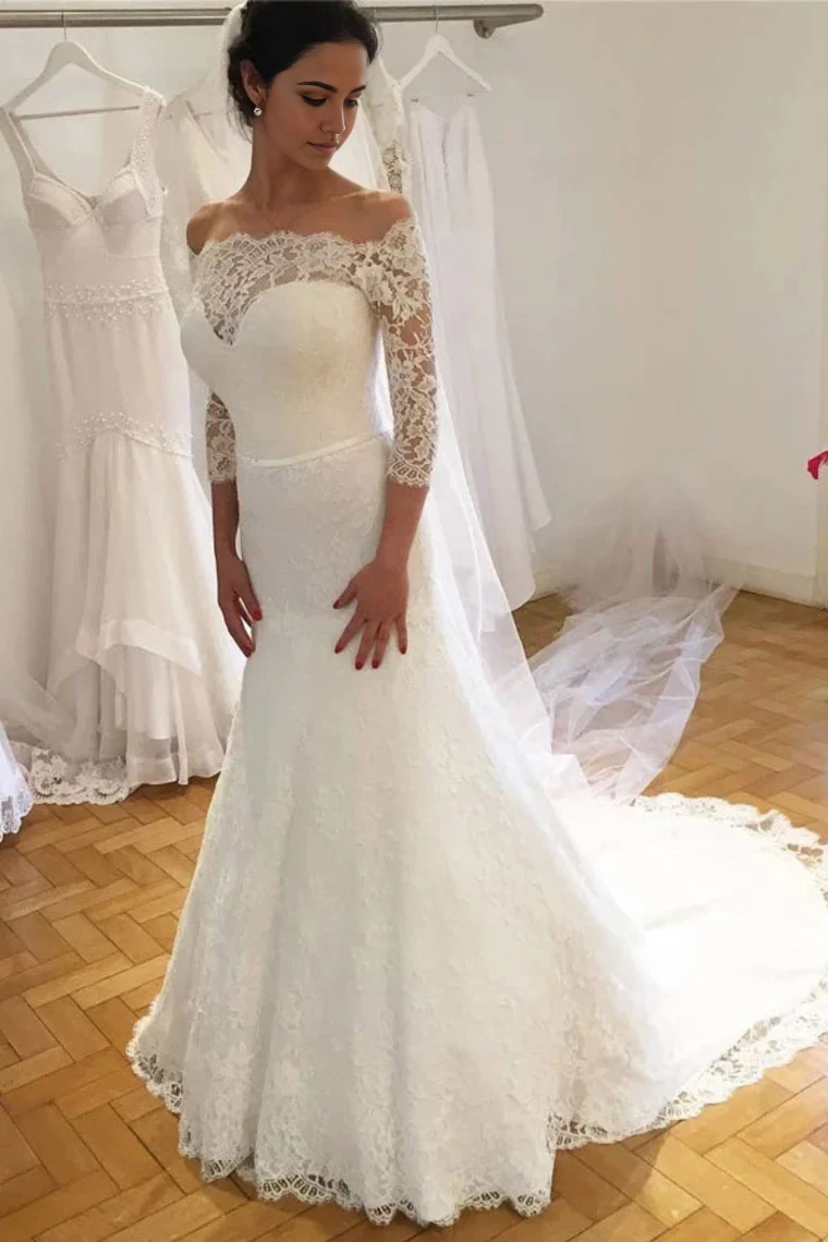 Vestidos de novia de sirena con hombros descubiertos y encaje, mangas 3/4